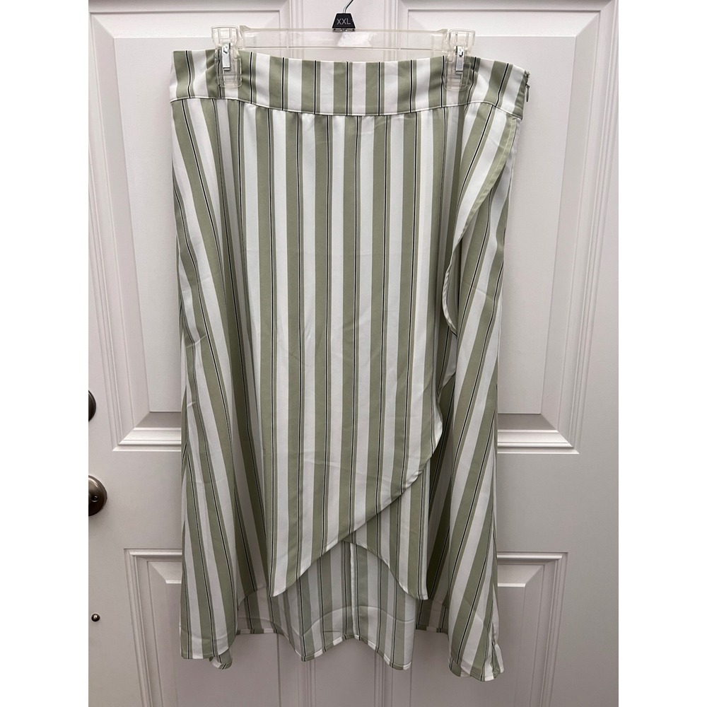 LOFT Outlet Sage Green White Striped Faux Wrap Asymmetrical Midi Skirt Size 12